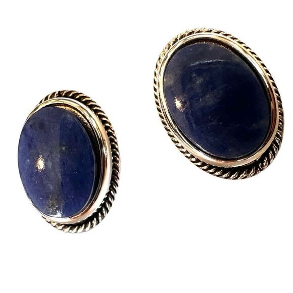 Silver tone oval    Blue stone cufflinks - Picture 1 of 6